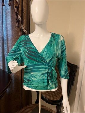 Bebe Green Tropical Abstract Wrap Blouse